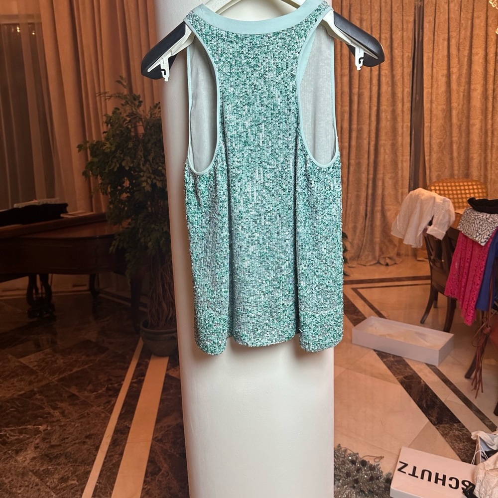 Diane von Furstenberg Silk Sequined Sleeveless Top Blouse Teal Green Racerback - Picture 4 of 14